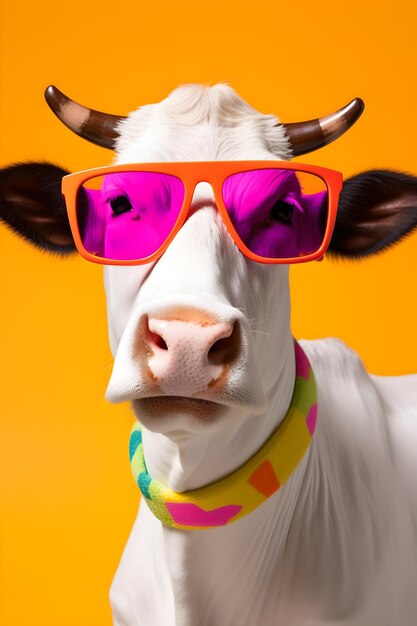 A cow wearing sunglasses and a colorful rainbow necklace