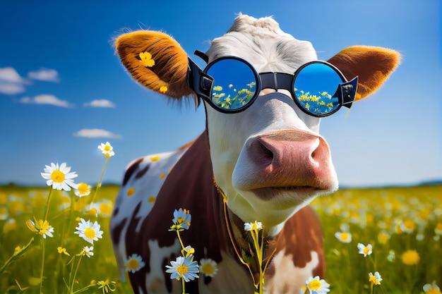 A cow wearing sunglasses and a pair of sunglasses in a field of flowers