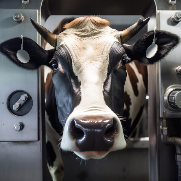 A cow with a black nose and white face is standing in a machine.