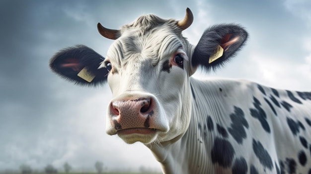 a cow with black spots and ears