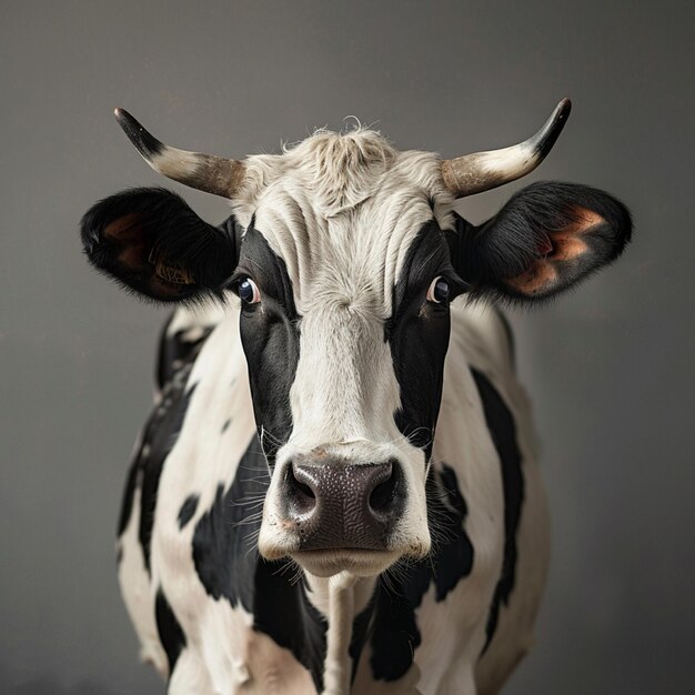 a cow with a black and white face and brown spots on its face