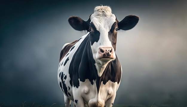 A cow with a black and white face is standing in a field.