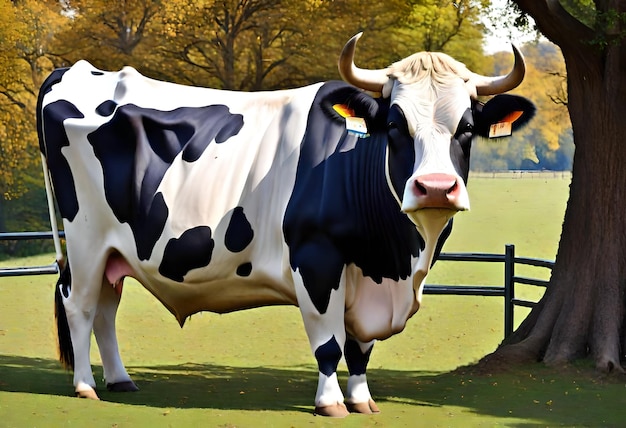 Photo a cow with a blue tag on its ear stands in a field