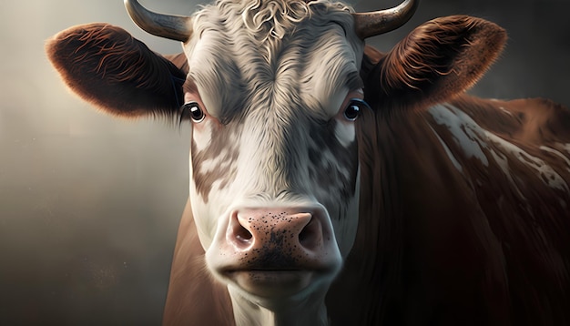 A cow with a brown and white face and a brown mane.