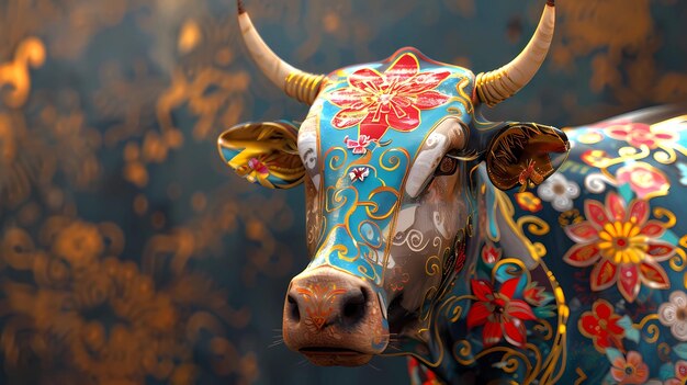 Photo a cow with a colorful head and horns stands in a carnival generative ai illustrations