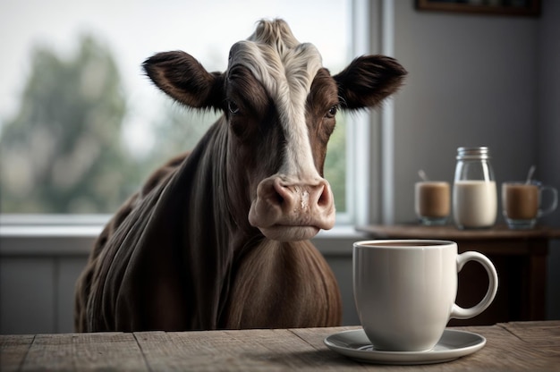 Cow with a cup of coffee on a wooden table in the kitchen