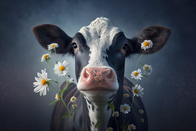 A cow with daisies on its face