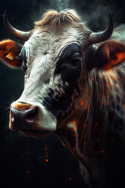 A cow with a fire on the face