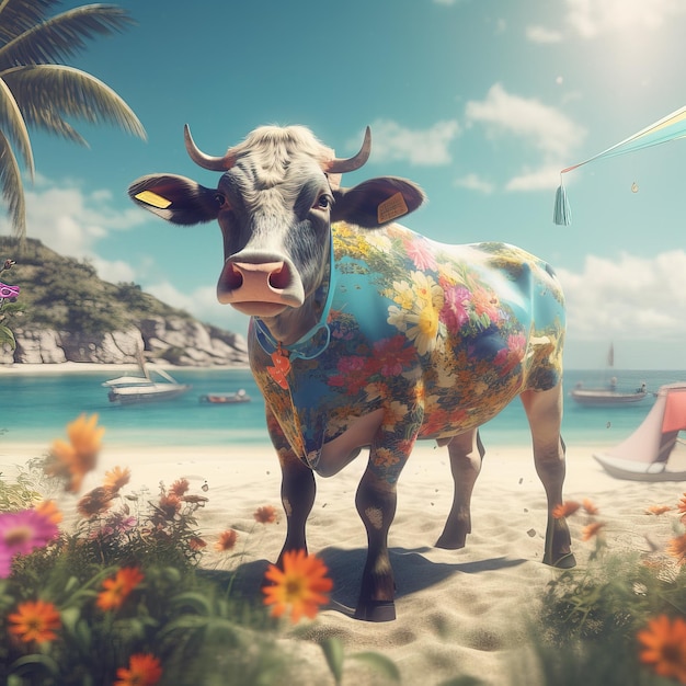 A cow with a floral shirt on stands on a beach.