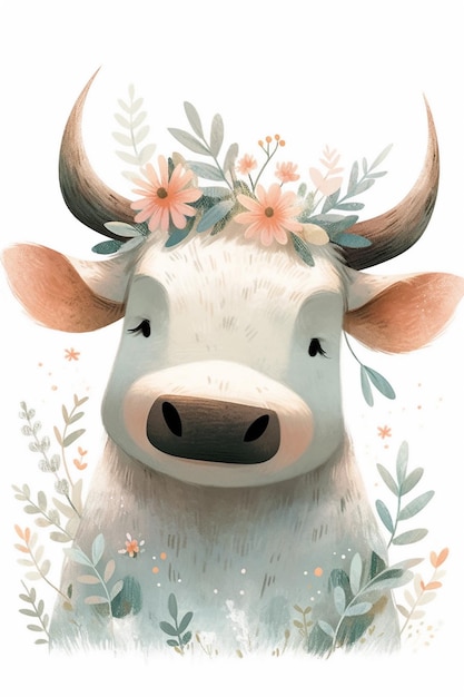 A cow with a flower crown on his head