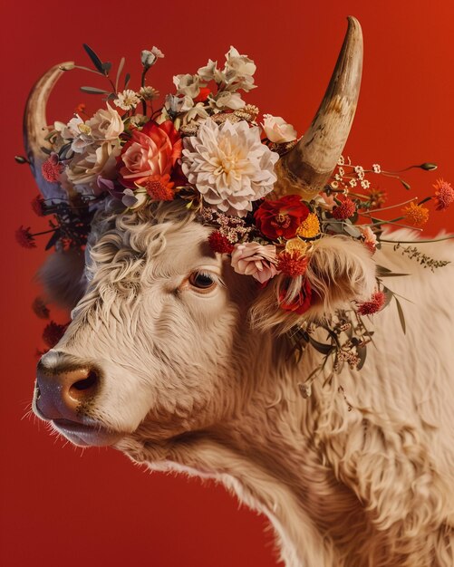 Photo a cow with a flower crown on its head and the word  wild  on it