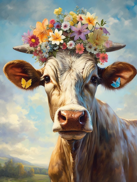 A cow with a flower crown on its head