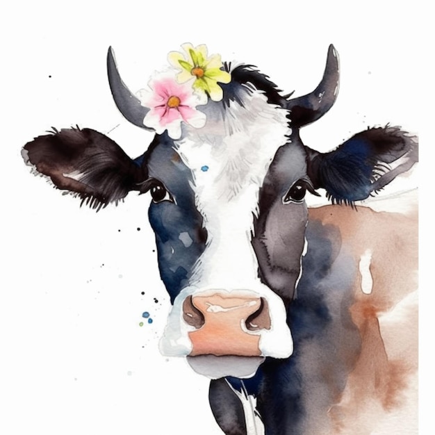 A cow with a flower on his head