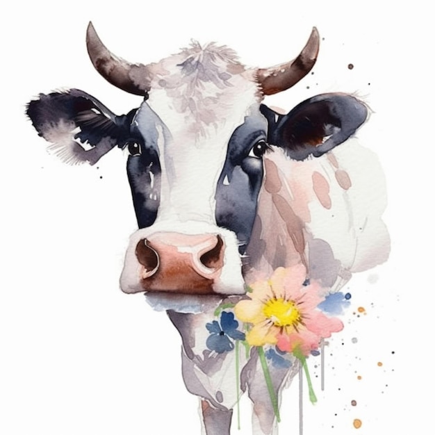 A cow with a flower in its mouth