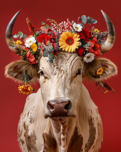 a cow with a flower wreath on its head is shown