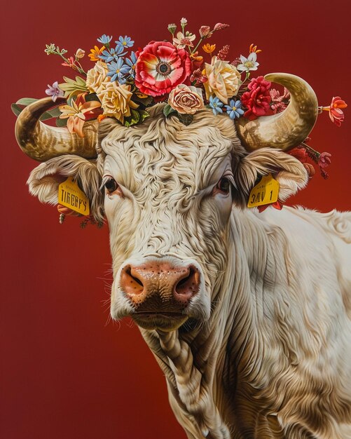 a cow with a flower wreath on its head is shown