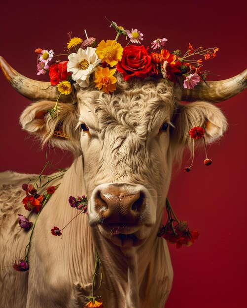 a cow with a flower wreath on its head is shown