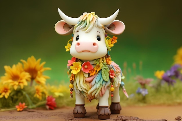 A cow with flowers on its head