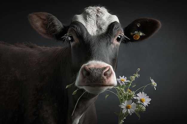 A cow with flowers in its mouth