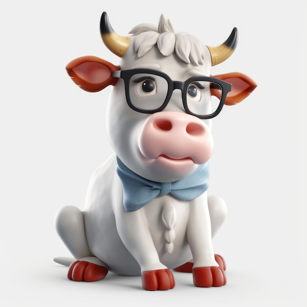 A cow with glasses and a bow tie is wearing a bow tie.