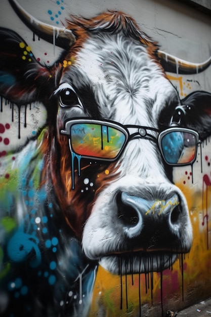 A cow with glasses and a hat that says " cow " on it.