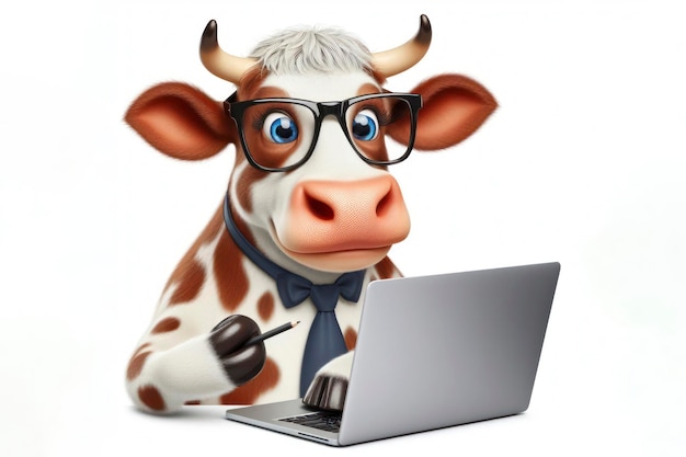 cow with glasses and a surprised look on her face is looking at a laptop on white background