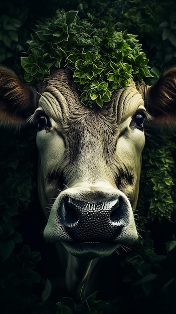 A cow with green leaves on its head