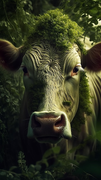 A cow with green moss on its face