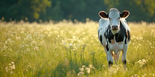 心 の 形 の 斑点 を 持つ 牛 が 畑 で 牧草 を し て いる