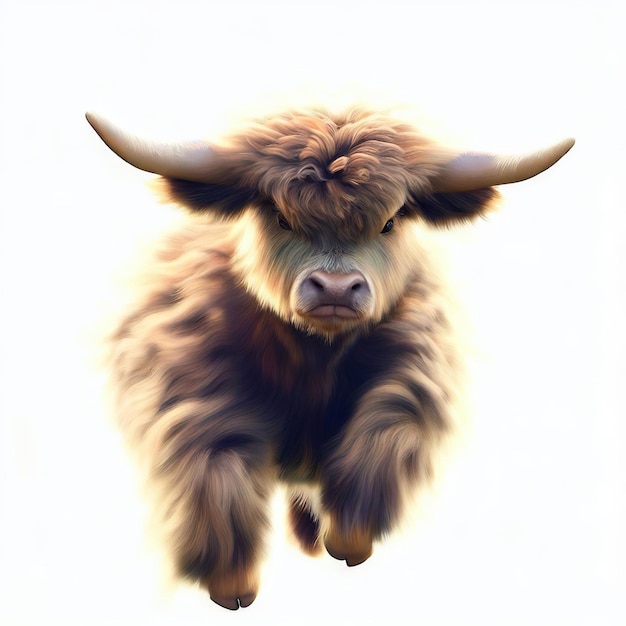 A cow with horns is running in the air.