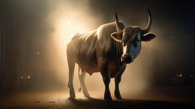 A cow with horns stands in the dark