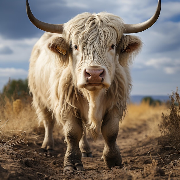 a cow with horns that is standing in the dirt