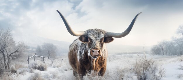 a cow with horns that is standing in the snow.