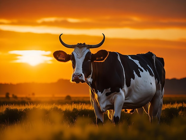 A cow with a low light sunset behind it eid al adha