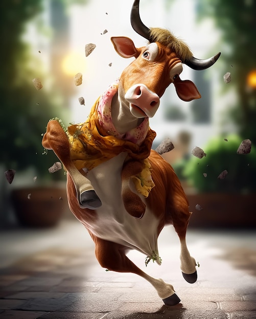 A cow with a necklace around it is dancing on a wooden floor