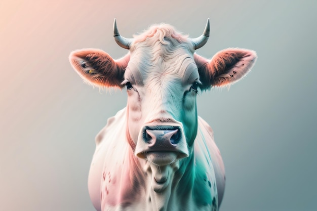 A cow with a pink nose and a pink and blue background