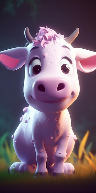 Корова с розовым носом и розовым носом сидит на зеленой траве.