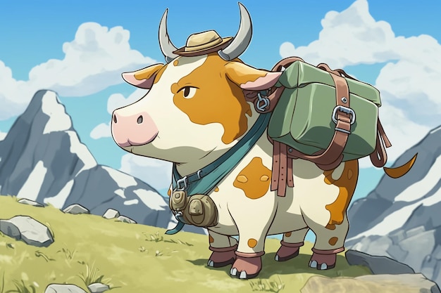 A cow with a saddle and a bag on it