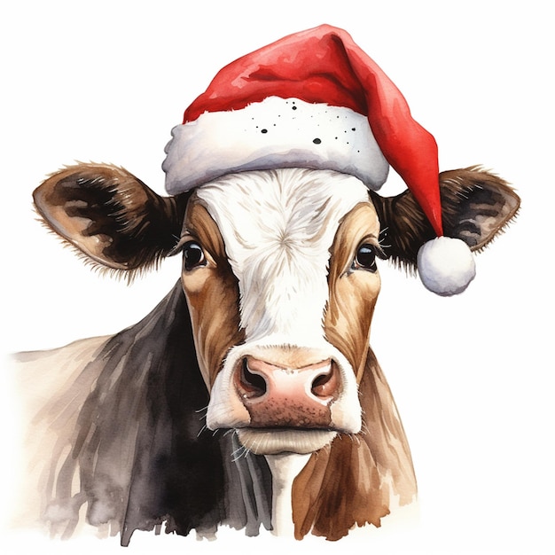 a cow with a santa hat on it