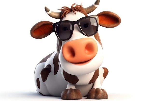 A cow with sunglasses and a black and white cow