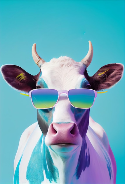 A cow with sunglasses on it and a blue background