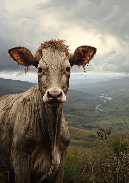 耳にタグがついた牛が畑に立っています