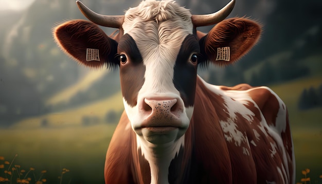 A cow with a tag on its ear is standing in front of a mountain.