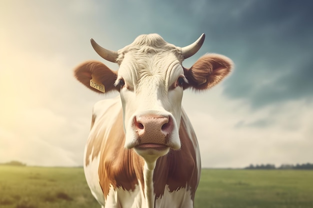 A cow with a tag in its ear stands in a field.