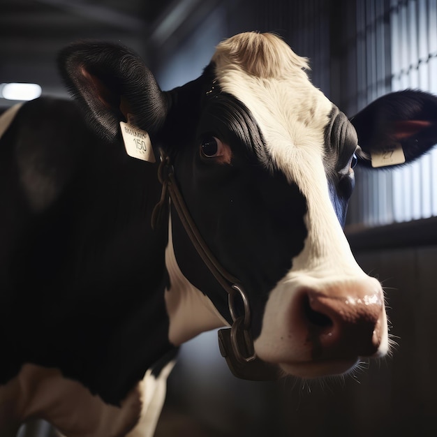 A cow with a tag on its face is standing in a dark room.