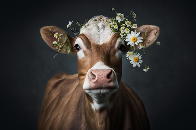 A cow with a wreath of daisies on her head
