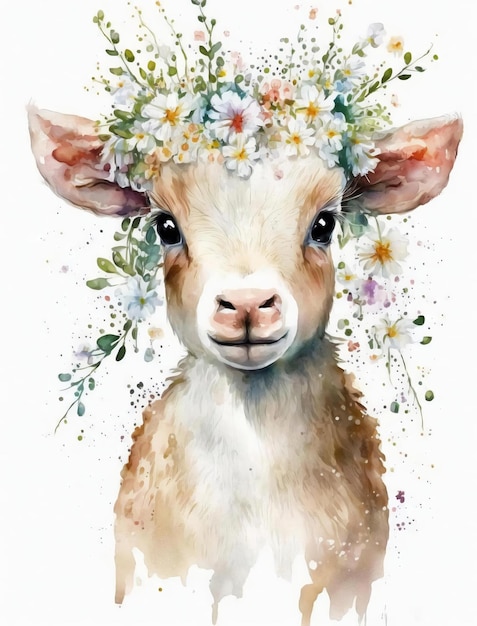 A cow with a wreath of flowers on his head