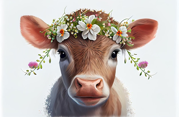 A cow with a wreath of flowers on it