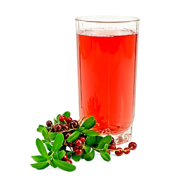 Cowberry juice in a tall glass, a bunch of twigs cowberry with green leaves and berries isolated on white