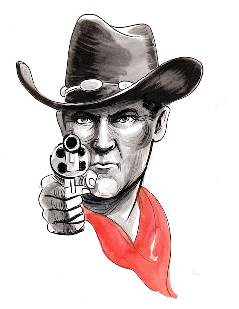 Cowboy aiming gun at you. Ink drawing